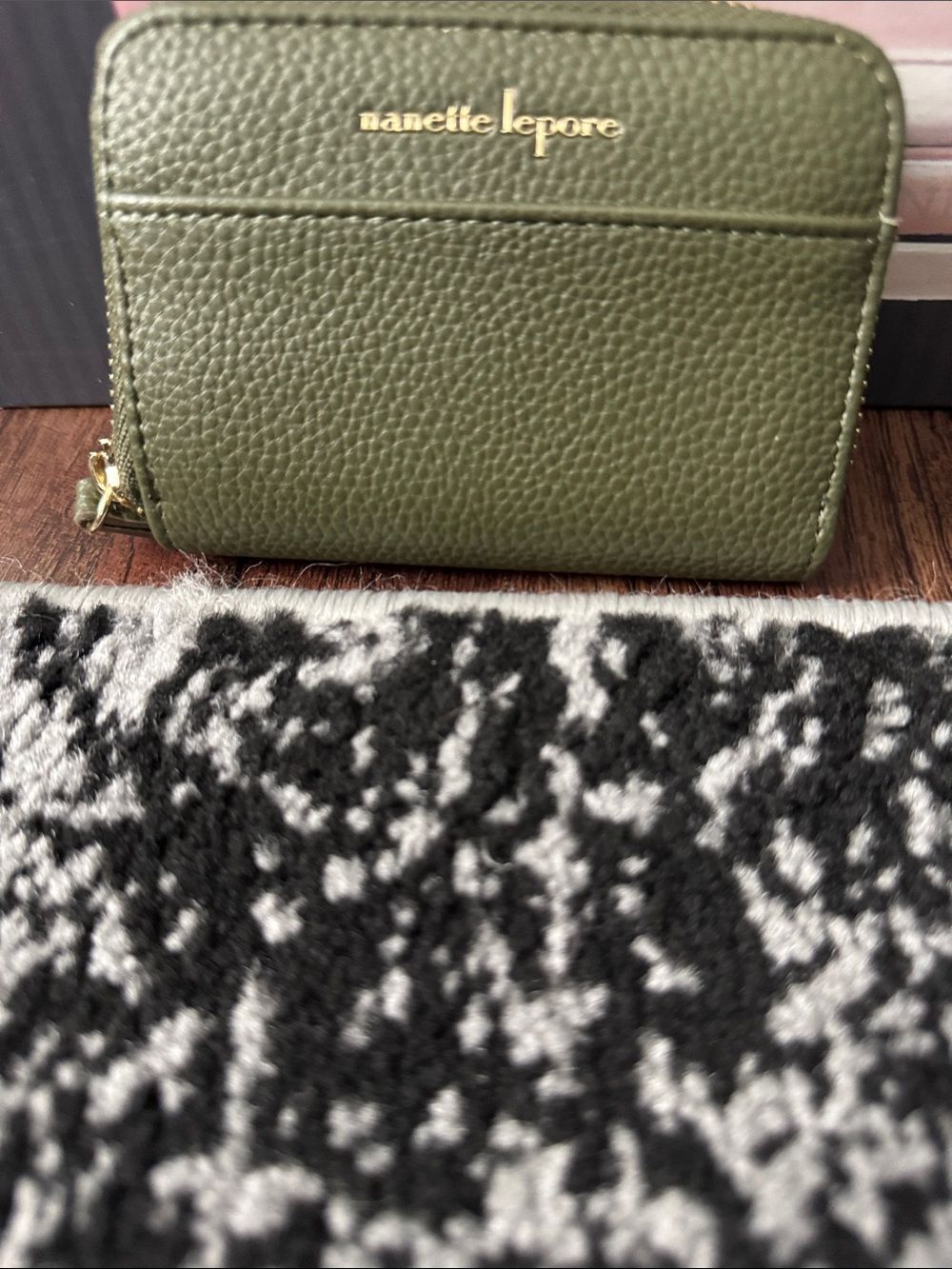 Nanette Lepore Olive Green Pebbled Leather Card Holder with Gold Logo